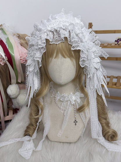 Wings Lace Angle Black/White Gorgeous Ruffled Hairband Bow