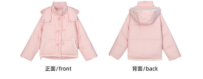 Pink Plaid Hooded Down Sweetheart Button Jacket