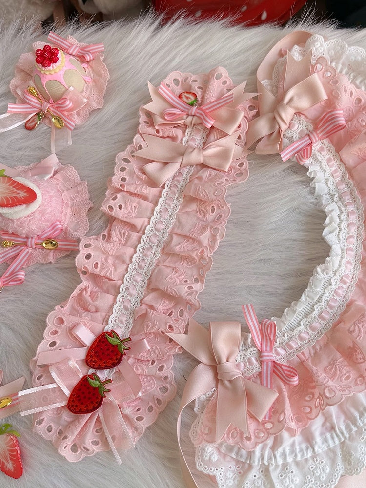 Hairband with White Strawberry Charms Pink/Pink Lolita Ruffled Sweet