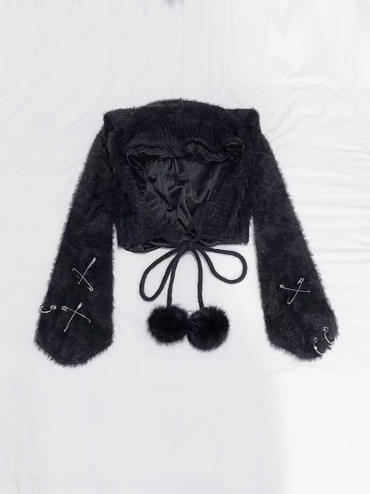 Black Bunny Ears Plush Hat with Self-tie Pompon Straps and Pin Details
