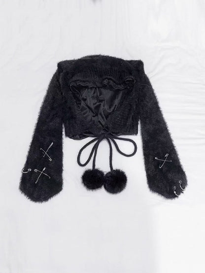 Black Bunny Ears Plush Hat with Self-tie Pompon Straps and Pin Details