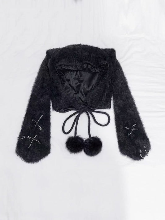 Black Bunny Ears Plush Hat with Self-tie Pompon Straps and Pin Details