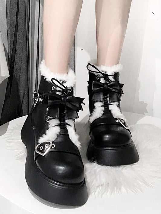Lace-Up Platform Black Design Buckle Heart Lined PU Boots Plush with - Punk
