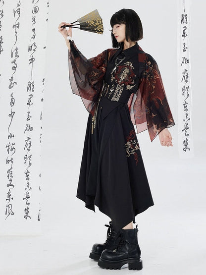 Asymmetrical Dragon Embroidery Long Dress - Qing Tang Original