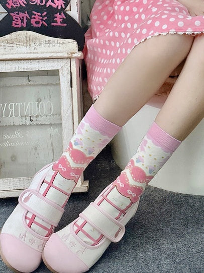 Pink Sweet Lolita Bowknot Print Striped Pattern Calf Socks