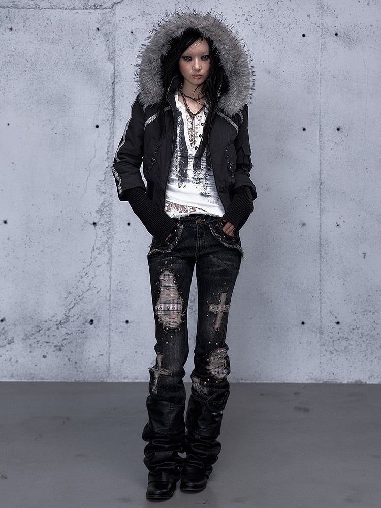 with Punk Grey Jacket Wasteland Dark Accents Design Studded Hoodie Pocket
