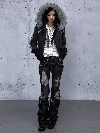 with Punk Grey Jacket Wasteland Dark Accents Design Studded Hoodie Pocket