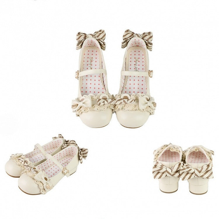 Adorable Bear Mary Off-white Ears Janes Low-heel PU with