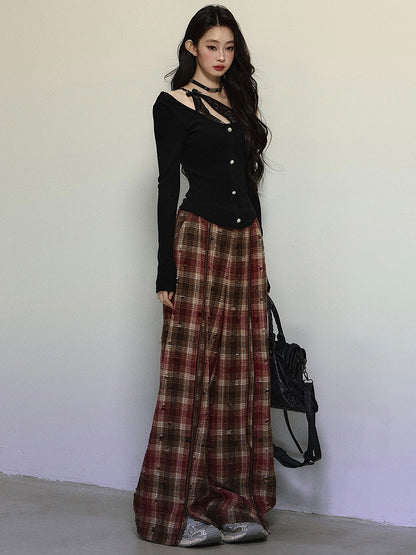 レッドジッパーストレートレッグカットチェックパンツ