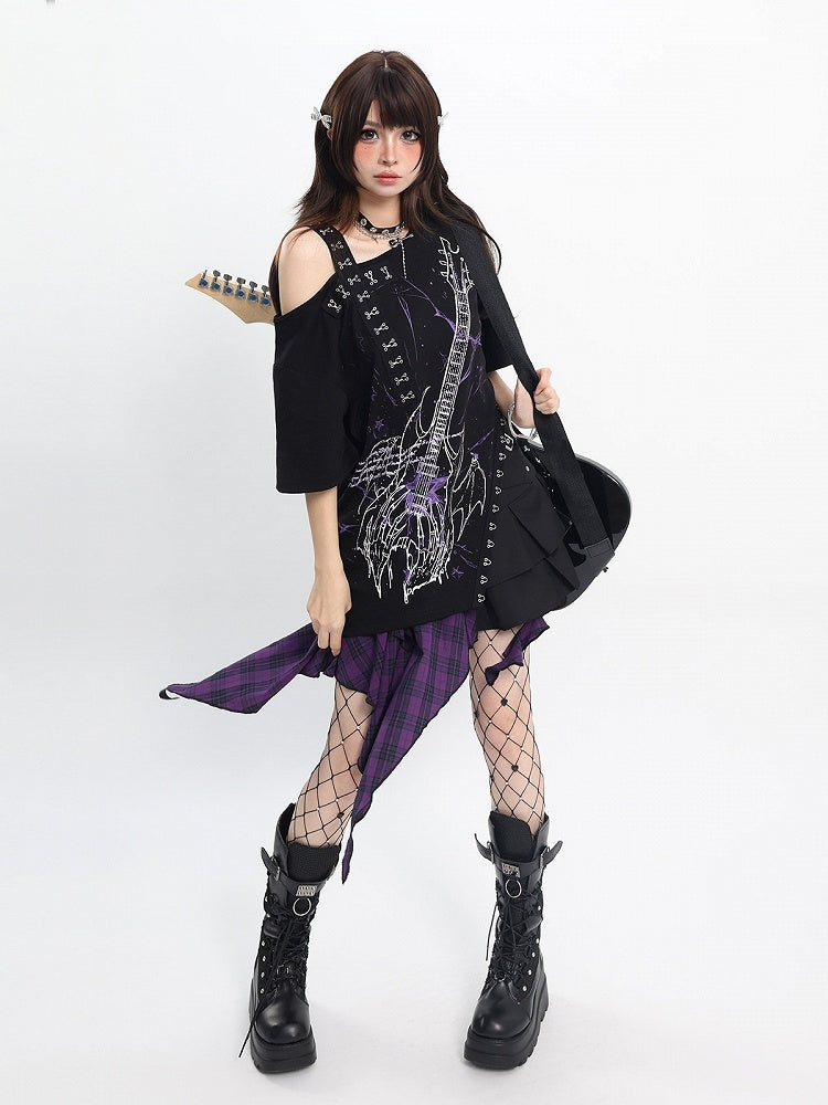 Sweet Black Guitar Print Asymmetrical Shoulder Tee with Slit