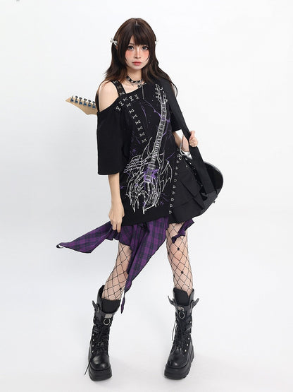 Sweet Black Guitar Print Asymmetrical Shoulder Tee with Slit