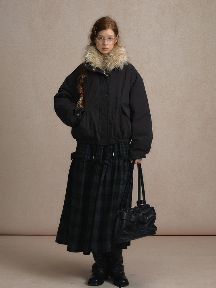 Dark Gray/Beige Cozy Short Down Jacket Fur Faux with Detachable Collar