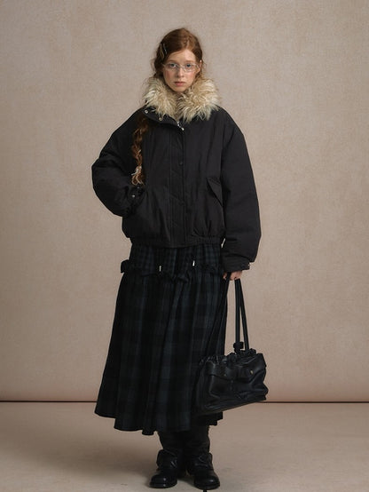 Dark Gray/Beige Cozy Short Down Jacket Fur Faux with Detachable Collar