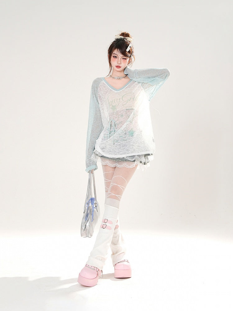 ブルー/ピンクプリントのセミシースルーカバーアップVネックスター