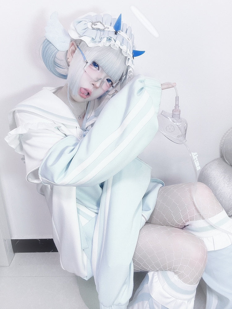 Sweatshirt mit Reißverschluss und Kragen, weißgrün, Kei-Verschluss, Jirai-Jacke, Matrose