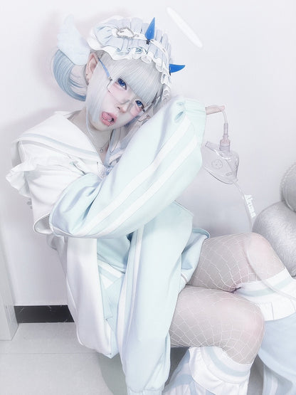 Sweatshirt mit Reißverschluss und Kragen, weißgrün, Kei-Verschluss, Jirai-Jacke, Matrose