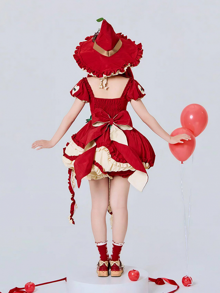 Red Ruffled Sweet Lolita Fluffy OP Dress Full Set