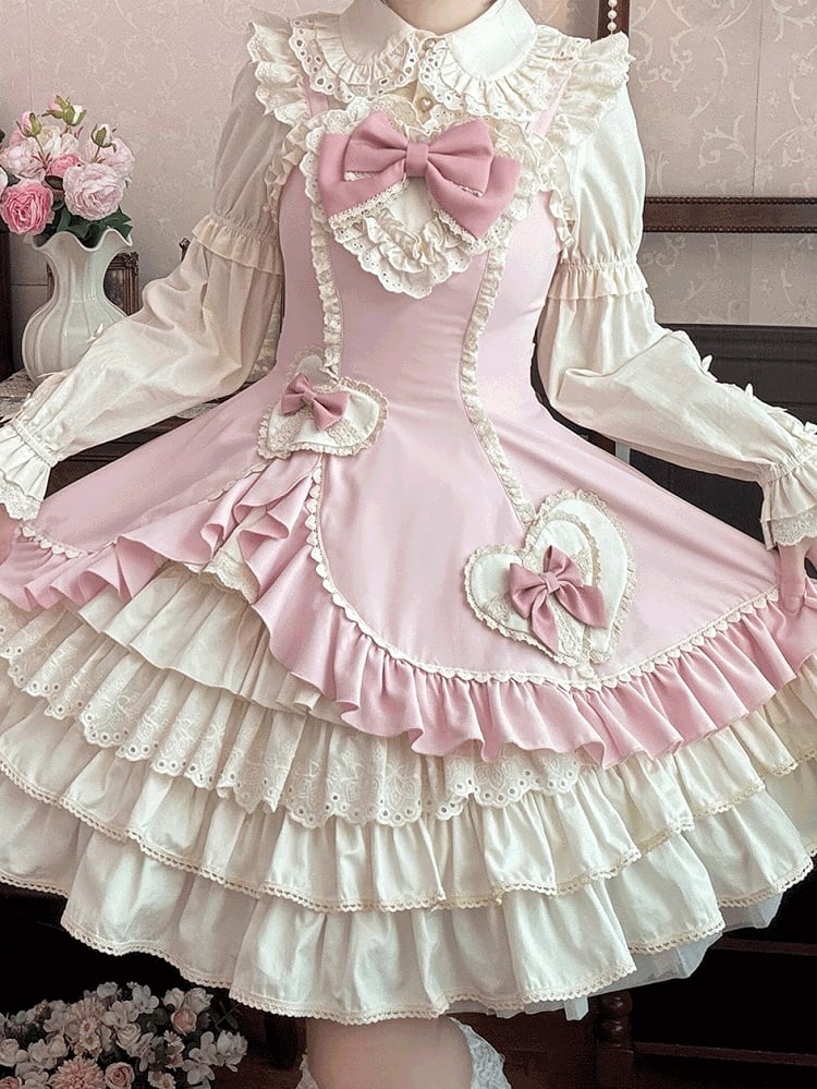 Lolita Heart Lace JSK and with Pink Sweet Dress Patch Ruffles Embellished Beige Bow
