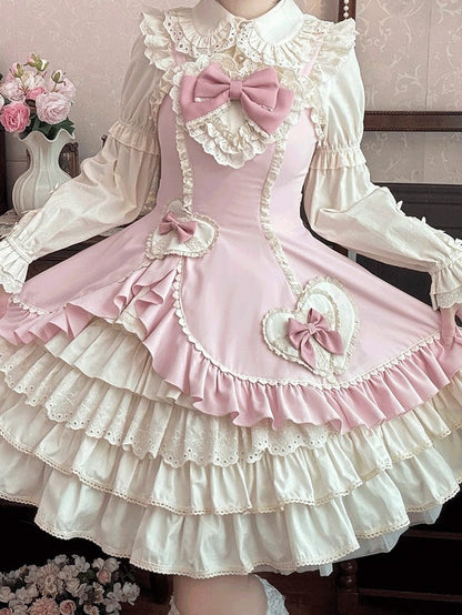 Lolita Heart Lace JSK and with Pink Sweet Dress Patch Ruffles Embellished Beige Bow