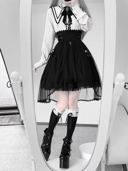 Lace Cross Kei Charm Contrast Long Gothic Pointed Blouse: Jirai Collar Sleeve White Black with