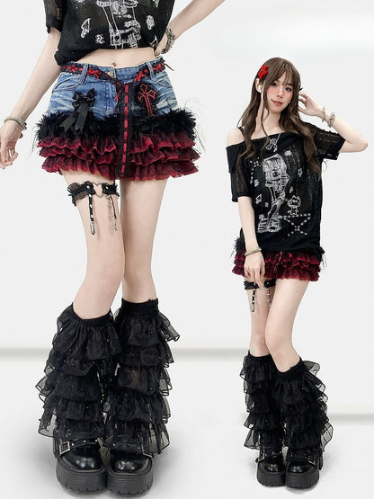 レーススカート ティアード Y2K パッチ コントラストブルー