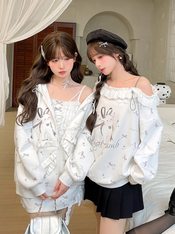 Kapuzenpullover mit Rüschenverschluss, Lammdruck, weißer Reißverschluss, entzückende Schleife