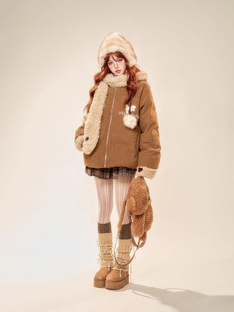 Cozy Brown Hooded Scarf Padded Coat with Furry Trim and Embroidered Bowknot