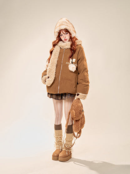Cozy Brown Hooded Scarf Padded Coat with Furry Trim and Embroidered Bowknot