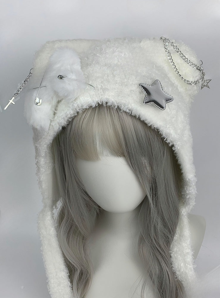 Black/White Cross Pins Wings Bear Ear Plush Hat
