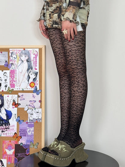 Strumpfhose mit Leopardenmuster Y2K Schwarz