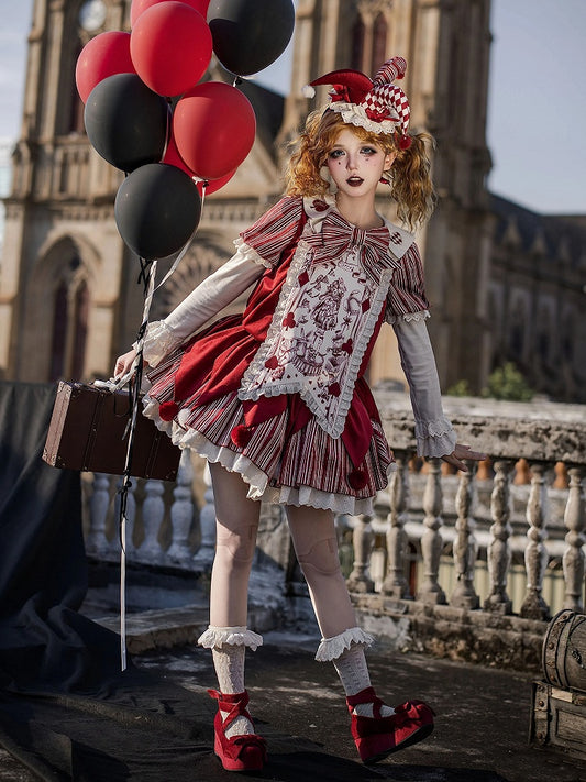Clowncore Dress KC Printed Waist Lolita Detachable Belt Set Bow - Juliette Panel Red Sleeves + Stripes OP
