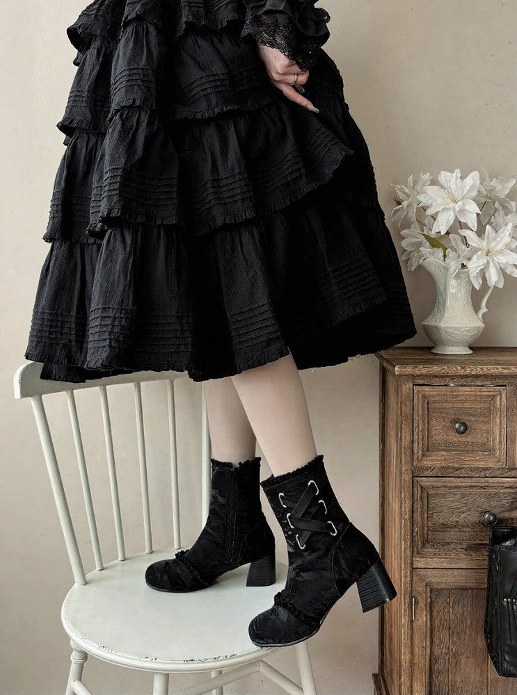 Black Lace-Up Elegant Round Toe Ankle Boots with Removable Bow Accents - Magic Peach