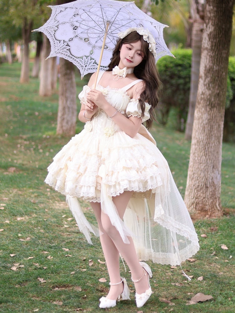 Hanayome Fairy Lolita Flower Basque Skirt Jumper Tiered Waist Hem Beige Dress