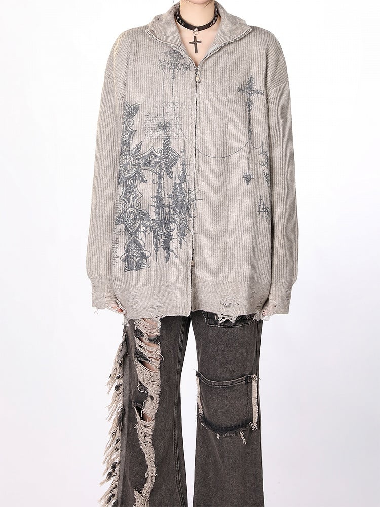 Edgy Gothic Cross Print Gray Distressed Oversized Cardigan Sweater