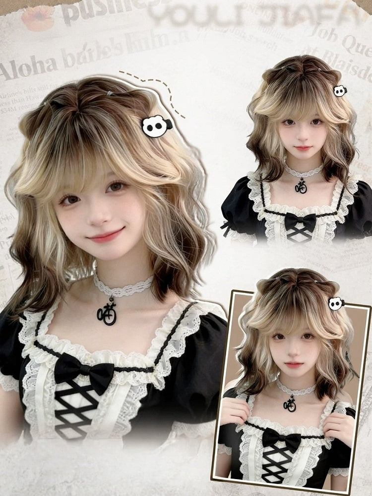 Black & Gold Ombre 30cm Wavy Curly Air Bangs Wig - Meow Island Wig