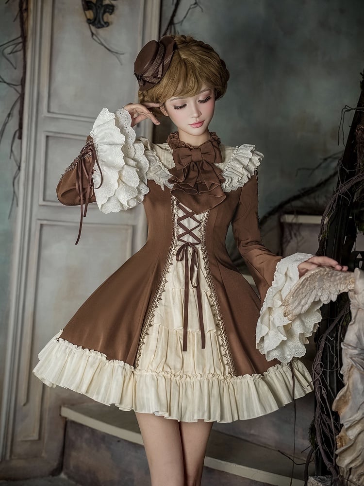 and Beige Ruffle Neckline Brown Sleeves Dress Lolita Bell Version Short