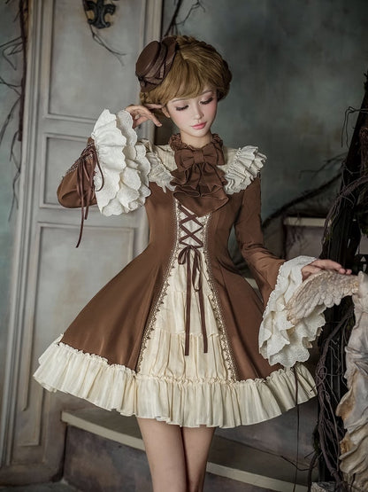 and Beige Ruffle Neckline Brown Sleeves Dress Lolita Bell Version Short