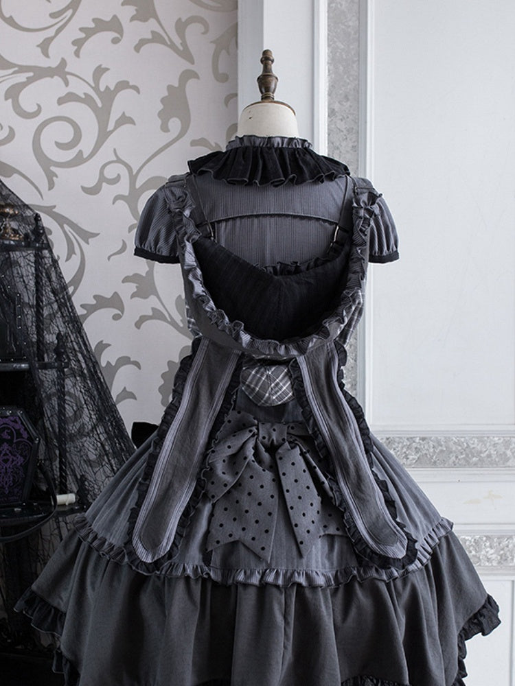 Abnehmbares Mieder, graue, dunkle Overall-Kapuze, kariertes Lolita-Ohren-Häschenkleid mit Muster