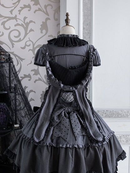 Abnehmbares Mieder, graue, dunkle Overall-Kapuze, kariertes Lolita-Ohren-Häschenkleid mit Muster