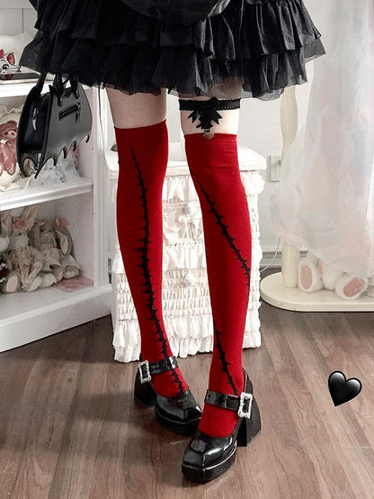 Rote Lolita Gothic Schwarze Strümpfe mit Brombeermuster Overknee
