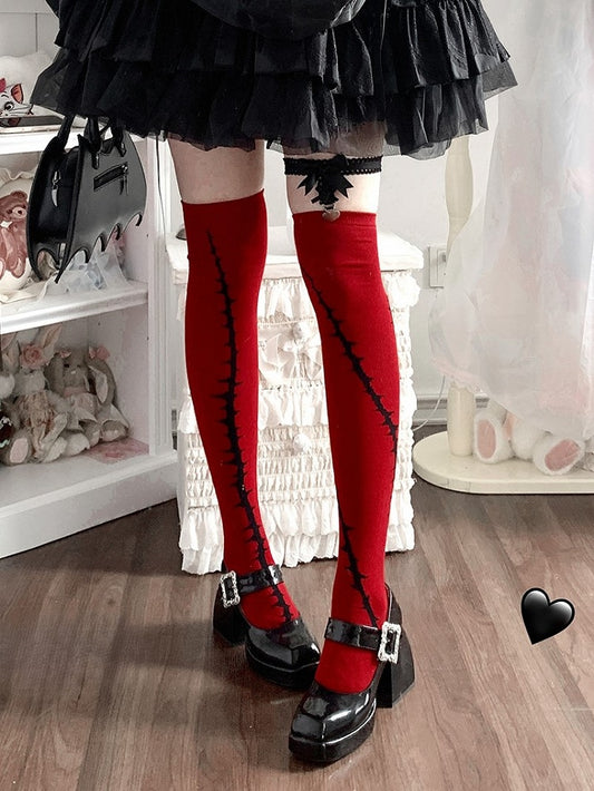 Red Lolita Gothic Black Bramble Pattern Stockings Overknee