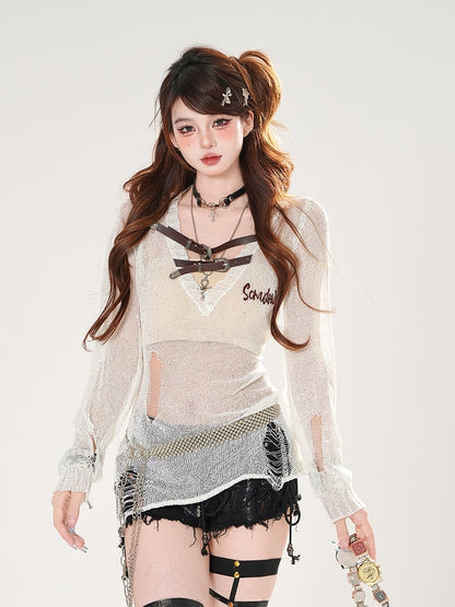 メッシュ ホワイト/グレー ホール Vネック バックルストラップ ダメージ加工