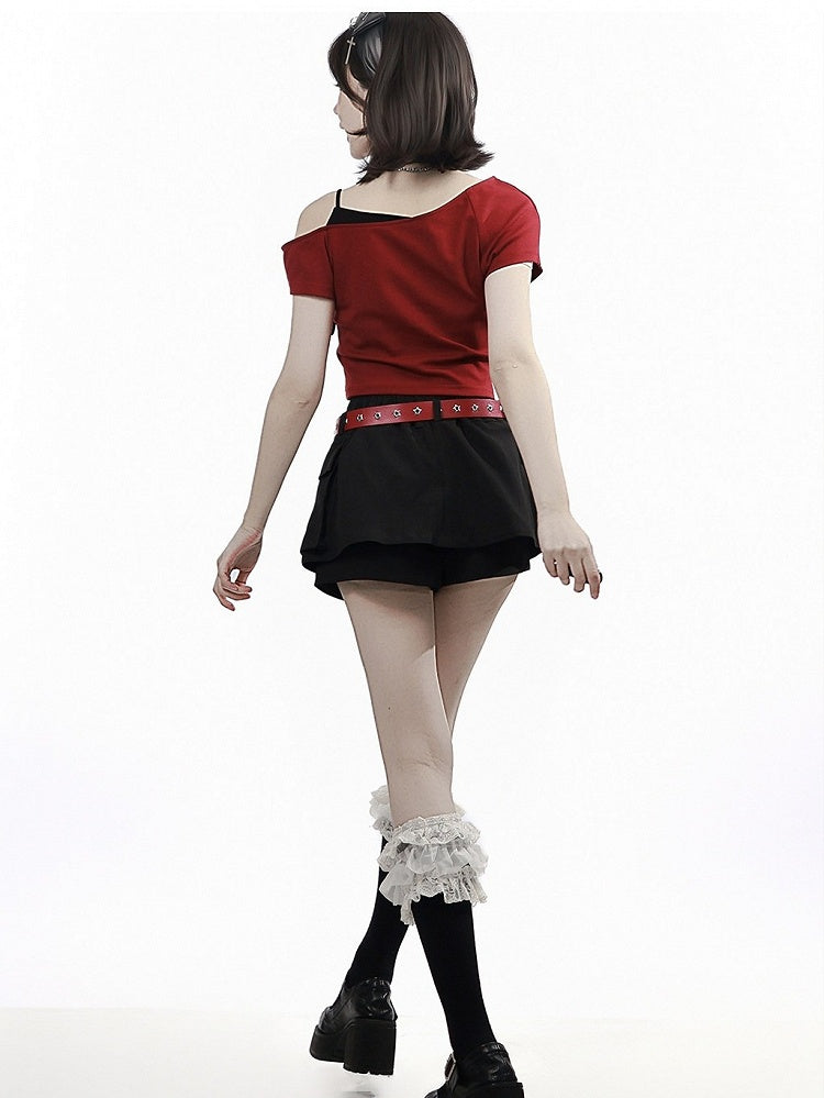 Red & Black Asymmetrical Shoulder Tee with Letter Print - PINK SAVIOR