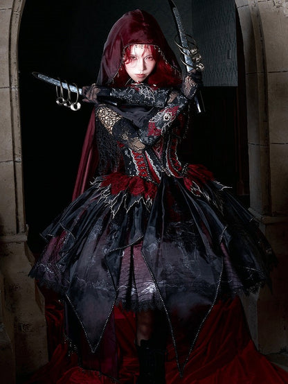 Black & Red Bone Dragon Embroidery Halter Neck Gothic Lolita Dress Set - Ying Luo Fu