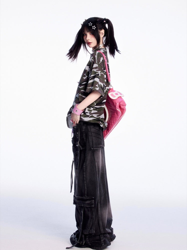 Jeans Rise Faded Wash Distressed Holes Weites Bein Cargo Schwarz Niedrig