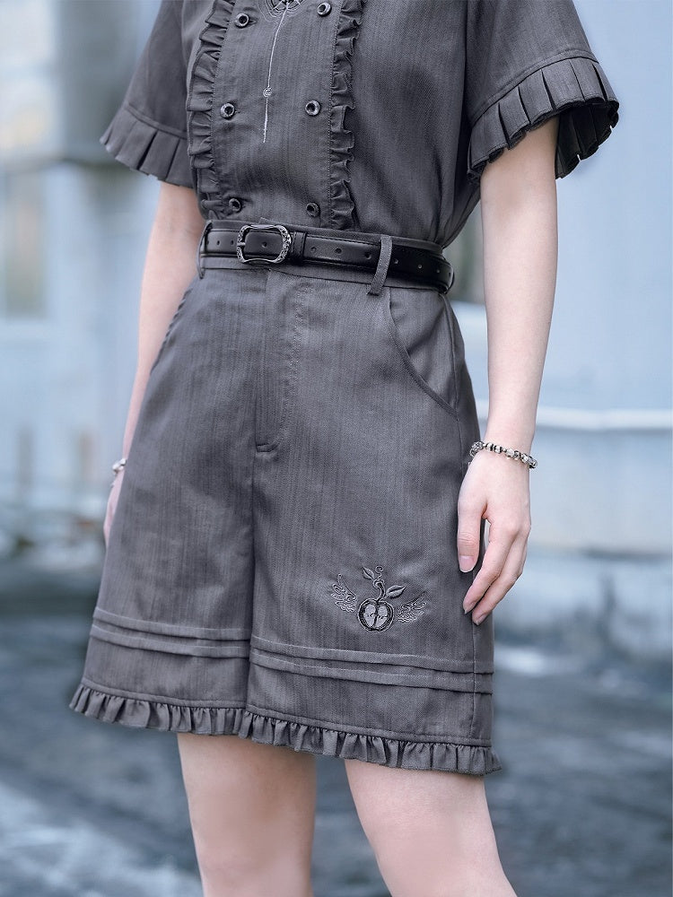 Gray Apple Embroidered Shorts with Ruffle Trim - Quirky Hut