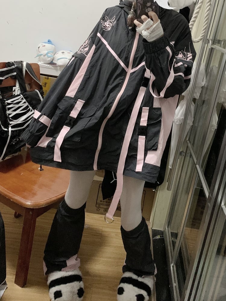 Veste à capuche/jambières Jirai Kei à motif oreilles de lapin noir et rose
