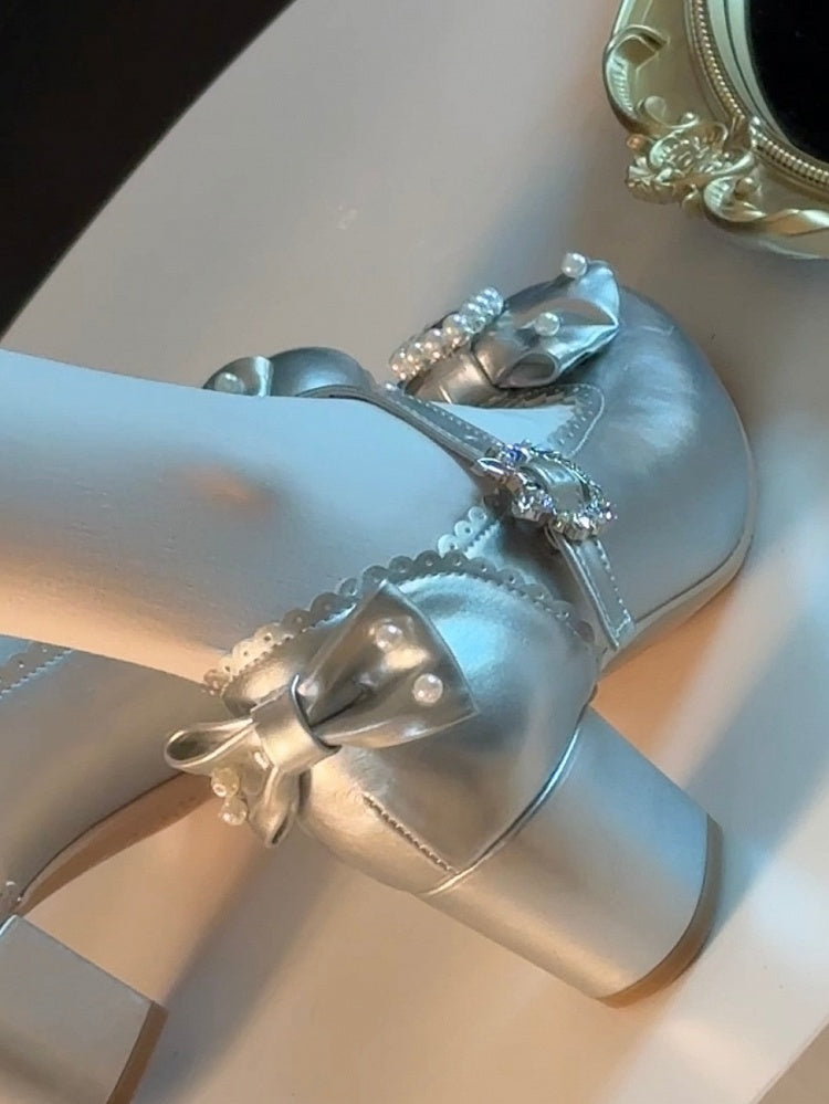 シューズメアリーラウンドトゥディテールロリータジェーンビーズシルバーと蝶結び装飾ラインストーン