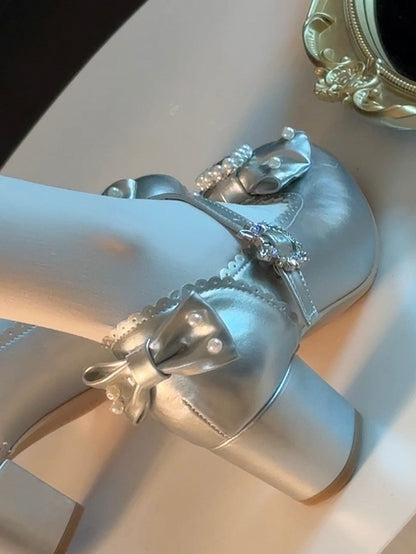 シューズメアリーラウンドトゥディテールロリータジェーンビーズシルバーと蝶結び装飾ラインストーン