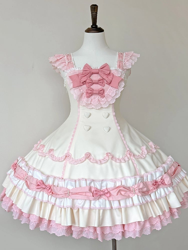 Pink Yellow Sweet Hemline Bows Ruffle Decorated Old Layered and